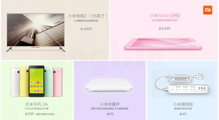 Xiaomi Mi Note(Pink Edition), Redmi 2A, Smart Scale, Power Strip Mi TV 2 announced